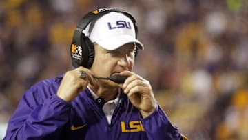 Nov 28, 2015; Baton Rouge, LA, USA; LSU Tigers head coach Les Miles watches from the sideline during the second half at Tiger Stadium. LSU defeated Texas A&M Aggies 19-7. Mandatory Credit: Crystal LoGiudice-USA TODAY Sports