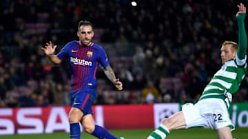 BARCELONA, SPAIN - DECEMBER 05: Paco Alcacer of Barcelona shoots and Jeremy Mathieu of Sporting Lisbon deflects it in for a own goal and Barcelona's second goal during the UEFA Champions League group D match between FC Barcelona and Sporting CP at Camp Nou on December 5, 2017 in Barcelona, Spain. (Photo by Alex Caparros/Getty Images)