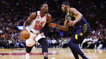 Bam Adebayo #13 of the Miami Heat drives to the basket against the Indiana Pacers(Photo by Megan Briggs/Getty Images)