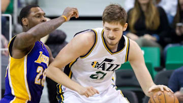 Jan 16, 2016; Salt Lake City, UT, USA; Los Angeles Lakers center Tarik Black (28) defends against Utah Jazz center Tibor Pleiss (21) during the second half at Vivint Smart Home Arena. The Jazz won 109-82. Mandatory Credit: Russ Isabella-USA TODAY Sports