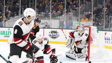 BOSTON, MA - FEBRUARY 08: Arizona Coyotes Defenceman Aaron Ness (42) takes a shot on goal during the game between Coyotes and Bruins on February 08, 2020, at TD Garden in Boston, Massachusetts.(Photo by Mark Box/Icon Sportswire via Getty Images)