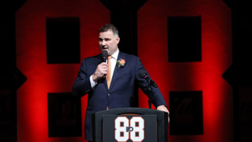 NHL Hall of Famer and Philadelphia Flyers legend Eric Lindros speaks to the crowd during his Jersey Retirement Night ceremony. (Photo by Patrick Smith/Getty Images)