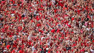 BOULDER, CO - SEPTEMBER 07: A sea of red Husker fans celebrate a Nebraska touchdown in the first half of a game between the Colorado Buffaloes and the visiting Nebraska Huskers on September 7, 2019 at Folsom Field in Boulder, CO. (Photo by Russell Lansford/Icon Sportswire via Getty Images)