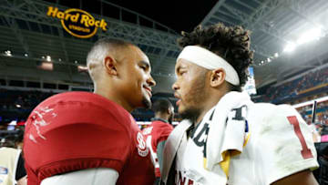 MIAMI, FL - DECEMBER 29: Kyler Murray #1 of the Oklahoma Sooners congratulates Jalen Hurts #2 of the Alabama Crimson Tide after Alabama Crimson Tide defeat the Oklahoma Sooners 45-34 to win the College Football Playoff Semifinal at the Capital One Orange Bowl at Hard Rock Stadium on December 29, 2018 in Miami, Florida. (Photo by Michael Reaves/Getty Images)