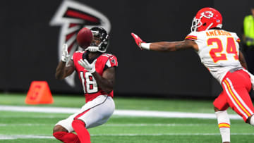 ATLANTA, GA - AUGUST 17: Calvin Ridley #18 of the Atlanta Falcons makes a catch against David Amerson #24 of the Kansas City Chiefs during a preseason game at Mercedes-Benz Stadium on August 17, 2018 in Atlanta, Georgia. (Photo by Scott Cunningham/Getty Images)