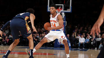 NEW YORK, NY - OCTOBER 18: Allonzo Trier #14 of the New York Knicks handles the ball against the New Orleans Pelicans during a pre-season game on October 18, 2019 at Madison Square Garden in New York City, New York. NOTE TO USER: User expressly acknowledges and agrees that, by downloading and or using this photograph, User is consenting to the terms and conditions of the Getty Images License Agreement. Mandatory Copyright Notice: Copyright 2019 NBAE (Photo by Nathaniel S. Butler/NBAE via Getty Images)