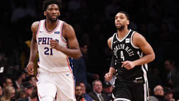 NEW YORK, NY - JANUARY 31: The fight between Joel Embiid #21 and Jahlil Okafor #41 during the game between the Philadelphia 76ers and the Brooklyn Nets at Barclays Center on January 31, 2018 in Brooklyn, New York. NOTE TO USER: User expressly acknowledges and agrees that, by downloading and or using this photograph, User is consenting to the terms and conditions of the Getty Images License Agreement. (Photo by Matteo Marchi/Getty Images)