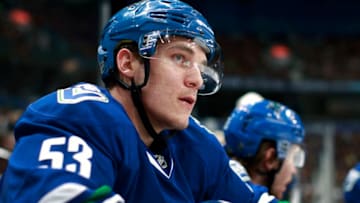 VANCOUVER, BC - MARCH 14: Bo Horvat #53 of the Vancouver Canucks looks on from the bench during their NHL game against the Winnipeg Jets at Rogers Arena March 14, 2016 in Vancouver, British Columbia, Canada. (Photo by Jeff Vinnick/NHLI via Getty Images)