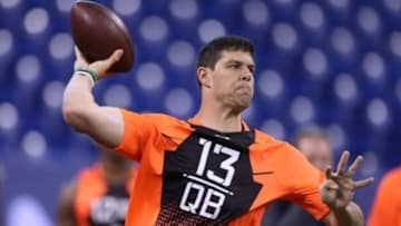 Feb 21, 2015; Indianapolis, IN, USA; Baylor Bears quarterback Bryce Petty throws a pass during the 2015 NFL Combine at Lucas Oil Stadium. Mandatory Credit: Brian Spurlock-USA TODAY Sports