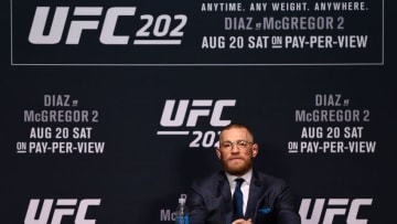 LAS VEGAS, NV - AUGUST 20: Conor McGregor of Ireland speaks with the media during the UFC 202 news conference at T-Mobile Arena on August 20, 2016 in Las Vegas, Nevada. (Photo by Jeff Bottari/Zuffa LLC/Zuffa LLC via Getty Images)