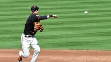 Mar 9, 2016; Scottsdale, AZ, USA; San Francisco Giants third baseman Matt Duffy (5) throws to first base in the second inning against the Colorado Rockies at Scottsdale Stadium. Mandatory Credit: Matt Kartozian-USA TODAY Sports