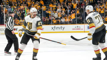 NASHVILLE, TN - NOVEMBER 27: Max Pacioretty #67 celebrates his game tying goal with William Karlsson #71 of the Vegas Golden Knights against the Nashville Predators at Bridgestone Arena on November 27, 2019 in Nashville, Tennessee. (Photo by John Russell/NHLI via Getty Images)