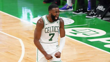 Apr 30, 2021; Boston, Massachusetts, USA; Boston Celtics guard Jaylen Brown (7) reacts after his three point basket against the San Antonio Spurs in the third quarter at TD Garden. Mandatory Credit: David Butler II-USA TODAY Sports