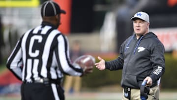 Nov 26, 2016; Louisville, KY, USA; Kentucky Wildcats head coach Mark Stoops questions a call during the second half against the Louisville Cardinals at Papa John