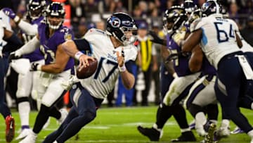 BALTIMORE, MD - JANUARY 11: Tennessee Titans quarterback Ryan Tannehill (17) scrambles against the Baltimore Ravens on January 11, 2020, at M&T Bank Stadium in Baltimore, MD. in the AFC Divisional Playoff. (Photo by Mark Goldman/Icon Sportswire via Getty Images)