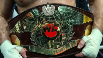 MOSCOW, RUSSIA - FEBRUARY 18, 2017: Russian kickboxer Alexander Stetsurenko holds a world champion belt during the W5 Grand Prix Kitek 2017 kickboxing tournament at Dynamo Sports Palace in Krylatskoye. Valery Sharifulin/TASS (Photo by Valery Sharifulin\TASS via Getty Images)