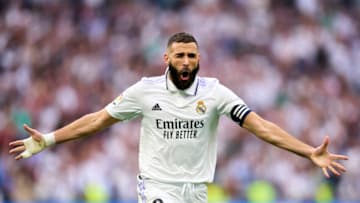 MADRID, SPAIN - OCTOBER 16: Karim Benzema of Real Madrid CF celebrates goal prior the referee cancel the goal during the LaLiga Santander match between Real Madrid CF and FC Barcelona at Estadio Santiago Bernabeu on October 16, 2022 in Madrid, Spain. (Photo by Diego Souto/Quality Sport Images/Getty Images)