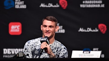 ABU DHABI, UNITED ARAB EMIRATES - JANUARY 21: In this handout image provided by the UFC, Dustin Poirier interacts with media during the UFC 257 press conference event inside Etihad Arena on UFC Fight Island on January 21, 2021 in Yas Island, Abu Dhabi, United Arab Emirates. (Photo by Jeff Bottari/Zuffa LLC via Getty Images)
