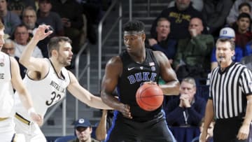 SOUTH BEND, IN - JANUARY 28: Zion Williamson #1 of the Duke Blue Devils looks to the basket against John Mooney #33 of the Notre Dame Fighting Irish in the first half of the game at Purcell Pavilion on January 28, 2019 in South Bend, Indiana. (Photo by Joe Robbins/Getty Images)