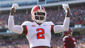 Nov 28, 2015; Columbia, SC, USA; Clemson Tigers cornerback Mackensie Alexander (2) blocks the pass intended for South Carolina Gamecocks wide receiver D.J. Neal (3) during the first half at Williams-Brice Stadium. Mandatory Credit: Joshua S. Kelly-USA TODAY Sports