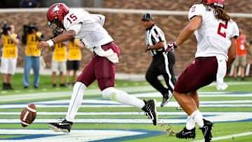 DURHAM, NC - SEPTEMBER 02: Quarterback Micah Zanders #15 of the North Carolina Central Eagles kicks the ball yielding a safety against the Duke Blue Devils during the football game at Wallace Wade Stadium on September 2, 2017 in Durham, North Carolina. (Photo by Mike Comer/Getty Images)