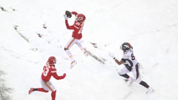 KANSAS CITY, MISSOURI - DECEMBER 15: Juan Thornhill #22 of the Kansas City Chiefs intercepts the ball intended for Noah Fant #87 of the Denver Broncos in the game at Arrowhead Stadium on December 15, 2019 in Kansas City, Missouri. (Photo by Jamie Squire/Getty Images)