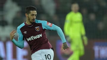 LONDON, ENGLAND - JANUARY 02: Manuel Lanzini of West Ham United in action during the Premier League match between West Ham United and West Bromwich Albion at London Stadium on January 2, 2018 in London, England. (Photo by Arfa Griffiths/West Ham United via Getty Images)