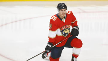 SUNRISE, FL - MAY 17: Noel Acciari #55 of the Florida Panthers stretches prior to the game against the Tampa Bay Lightning in Game One of the Second Round of the 2022 NHL Stanley Cup Playoffs at the FLA Live Arena on May 17, 2022 in Sunrise, Florida. (Photo by Joel Auerbach/Getty Images)