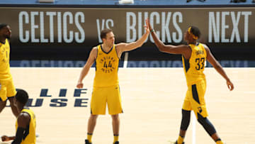 INDIANAPOLIS, IN - APRIL 20: Myles Turner #33 and Bojan Bogdanovic #44 of the Indiana Pacers high five during the game against the Cleveland Cavaliers in Game Three of Round One of the 2018 NBA Playoffs on April 20, 2018 at Bankers Life Fieldhouse in Indianapolis, Indiana. (Photo by Nathaniel S. Butler/NBAE via Getty Images)
