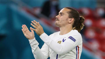France's forward Antoine Griezmann gestures before the start of the UEFA EURO 2020 Group F football match between Portugal and France at Puskas Arena in Budapest on June 23, 2021. (Photo by BERNADETT SZABO / POOL / AFP) (Photo by BERNADETT SZABO/POOL/AFP via Getty Images)