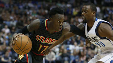Jan 7, 2017; Dallas, TX, USA; Atlanta Hawks guard Dennis Schroder (17) drives on Dallas Mavericks forward Harrison Barnes (40) in the second quarter at American Airlines Center. Mandatory Credit: Tim Heitman-USA TODAY Sports