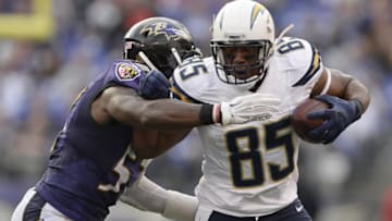 Nov 1, 2015; Baltimore, MD, USA; San Diego Chargers tight end Antonio Gates (85) runs as Baltimore Ravens inside linebacker C.J. Mosley (57) attempts to bring him down during the fourth quarter at M&T Bank Stadium. Baltimore Ravens defeated San Diego Chargers 29-26. Mandatory Credit: Tommy Gilligan-USA TODAY Sports