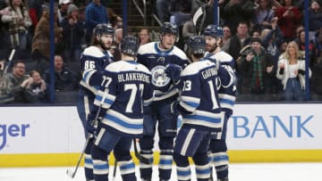 Mar 11, 2023; Columbus, Ohio, USA; Columbus Blue Jackets right wing Patrik Laine (29) celebrates his goal against the St. Louis Blues during the first period at Nationwide Arena. Mandatory Credit: Russell LaBounty-USA TODAY Sports