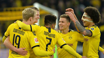 NUERNBERG, GERMANY - FEBRUARY 02: (BILD ZEITUNG OUT) Erling Braut Haaland of Borussia Dortmund celebrates after scoring his teams fifth goal with team mates during the Second Bundesliga match between 1. FC Nuernberg and SV Sandhausen at Max-Morlock-Stadion on February 02, 2020 in Nuernberg, Germany. (Photo by TF-Images/Getty Images)