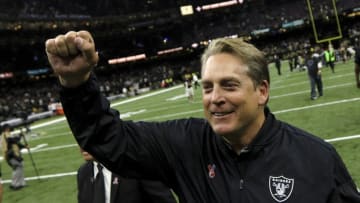 Sep 11, 2016; New Orleans, LA, USA; Oakland Raiders head coach Jack Del Rio celebrates as he leaves the field following a win against the New Orleans Saints in a game at the Mercedes-Benz Superdome. The Raiders defeated the Saints 35-34. Mandatory Credit: Derick E. Hingle-USA TODAY Sports