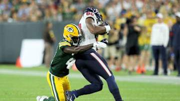 GREEN BAY, WISCONSIN - AUGUST 08: Jordan Akins #88 of the Houston Texans runs with the ball while being chased by Natrell Jamerson #21 of the Green Bay Packers in the second quarter during a preseason game at Lambeau Field on August 08, 2019 in Green Bay, Wisconsin. (Photo by Dylan Buell/Getty Images)