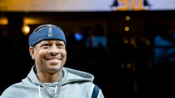 DENVER, CO - FEBRUARY 23: Allen Iverson is honored during the Denver Nuggets 2000's Night halftime presentation at Pepsi Center on February 23, 2018 in Denver, Colorado. NOTE TO USER: User expressly acknowledges and agrees that, by downloading and or using this photograph, User is consenting to the terms and conditions of the Getty Images License Agreement. (Photo by Timothy Nwachukwu/Getty Images)
