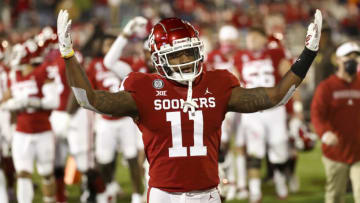 Nov 21, 2020; Norman, Oklahoma, USA; Oklahoma Sooners linebacker Nik Bonitto (11) reacts at the end of the first half against the Oklahoma State Cowboys at Gaylord Family-Oklahoma Memorial Stadium. Mandatory Credit: Kevin Jairaj-USA TODAY Sports