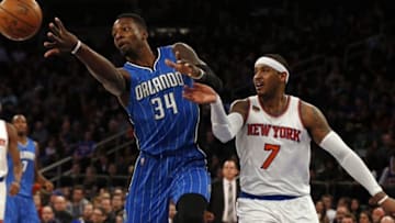 Jan 2, 2017; New York, NY, USA; Orlando Magic forward Jeff Green (34) can not handle a pass in front of New York Knicks forward Carmelo Anthony (7) during the second quarter at Madison Square Garden. Mandatory Credit: Adam Hunger-USA TODAY Sports