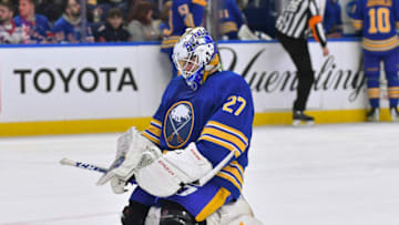 Mar 31, 2023; Buffalo, New York, USA; Buffalo Sabres goaltender Devon Levi (27) relaxes during a time out in the third period game against the New York Rangers at KeyBank Center. Mandatory Credit: Mark Konezny-USA TODAY Sports