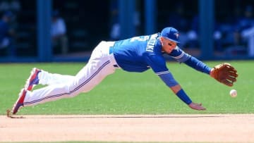 Jul 3, 2016; Toronto, Ontario, CAN; Toronto Blue Jays shortstop Troy Tulowitzki (2) fails to make the catch in the seventh inning against the Cleveland Indians at Rogers Centre. The Blue Jays won 17-1. Mandatory Credit: Kevin Sousa-USA TODAY Sports