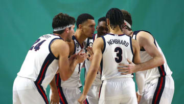 Nov 26, 2020; Fort Myers, Florida, USA; Gonzaga Bulldogs forward Corey Kispert (24), Gonzaga Bulldogs guard Jalen Suggs (1), Gonzaga Bulldogs guard Andrew Nembhard (3), Gonzaga Bulldogs forward Drew Timme (2) huddle up against the Kansas Jayhawks during the second half at Suncoast Credit Union Arena. Mandatory Credit: Kim Klement-USA TODAY Sports