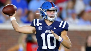 OXFORD, MISSISSIPPI - OCTOBER 05: John Rhys Plumlee #10 of the Mississippi Rebels throws the ball during the second half of a game against the Vanderbilt Commodores at Vaught-Hemingway Stadium on October 05, 2019 in Oxford, Mississippi. (Photo by Jonathan Bachman/Getty Images)