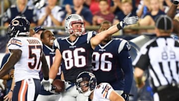 Aug 18, 2016; Foxborough, MA, USA; New England Patriots tight end A.J. Derby (86) reacts after making a catch for a first down during the second half against the Chicago Bears at Gillette Stadium. Mandatory Credit: Bob DeChiara-USA TODAY Sports
