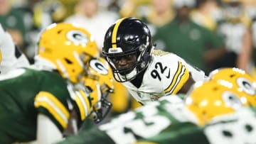 GREEN BAY, WI - AUGUST 16: Ola Adeniyi #92 of the Pittsburgh Steelers anticipates a play during a preseason game against the Green Bay Packers at Lambeau Field on August 16, 2018 in Green Bay, Wisconsin. The Packers defeated the Steelers 51-34. (Photo by Stacy Revere/Getty Images)