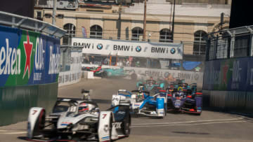 NEW YORK, NY - JULY 13: Drivers take on turn eight of the Formula E Racing Championship on July 13, 2019 in Brooklyn borough of New York City. (Photo by David Dee Delgado/Getty Images)