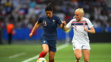 NICE, FRANCE - JUNE 12: Valerie Gauvin of France runs with the ball under pressure from Maria Thorisdottir of Norway during the 2019 FIFA Women's World Cup France group A match between France and Norway at Stade de Nice on June 12, 2019 in Nice, France. (Photo by Michael Regan/Getty Images)