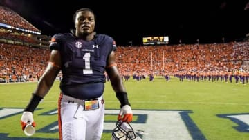 Sep 3, 2016; Auburn, AL, USA; Auburn Tigers defensive tackle Montravius Adams (1) walks off the field at halftime against the Clemson Tigers during the first half at Jordan Hare Stadium. Mandatory Credit: Shanna Lockwood-USA TODAY Sports