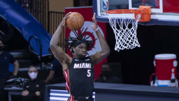 Miami Heat power forward Precious Achiuwa (5) grabs a rebound vs the Philadelphia 76ers (Gregory Fisher-USA TODAY Sports)