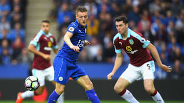 LEICESTER, ENGLAND - SEPTEMBER 17: Jamie Vardy of Leicester City attempts to control the ball while Michael Keane Eof Burnley looks on during the Premier League match between Leicester City and Burnley at The King Power Stadium on September 17, 2016 in Leicester, England. (Photo by Laurence Griffiths/Getty Images)